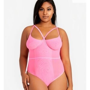 Ashley Stewart | Women's Neon Pink Criss Cross Mesh Thong Bodysuit (Size 1X)